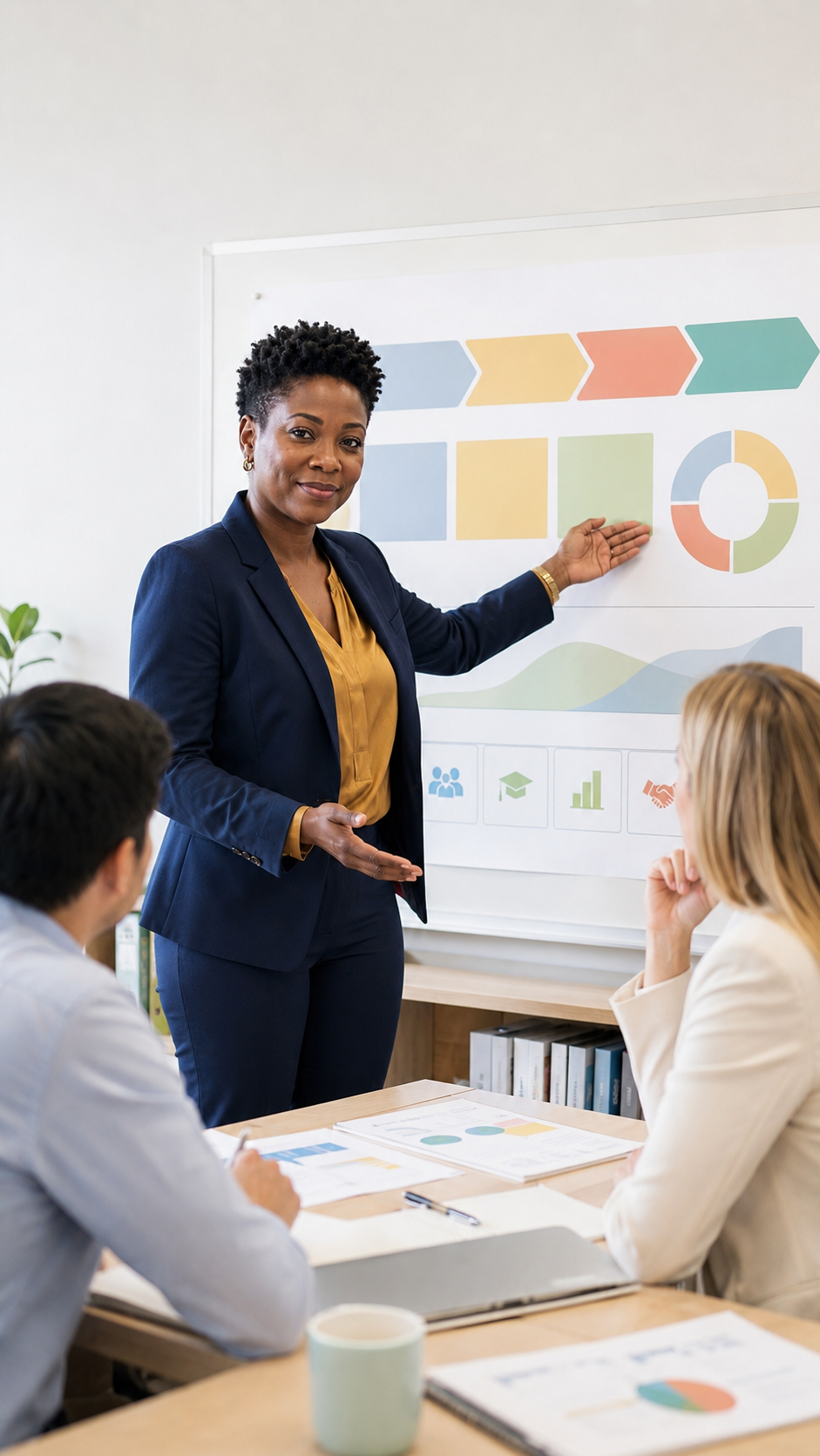 A woman in a navy blazer giving a presentation to two colleagues in a meeting room, with a large chart on the wall showing colorful graphs and icons.