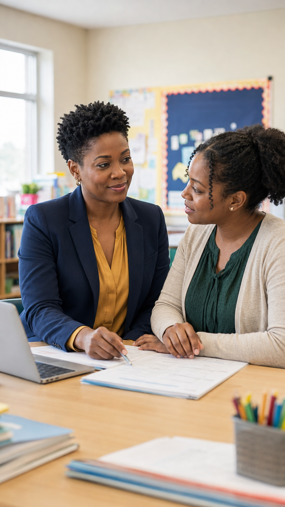 Two women having a discussion in a classroom, with books, papers, and a laptop on the table, and a bulletin board in the background.