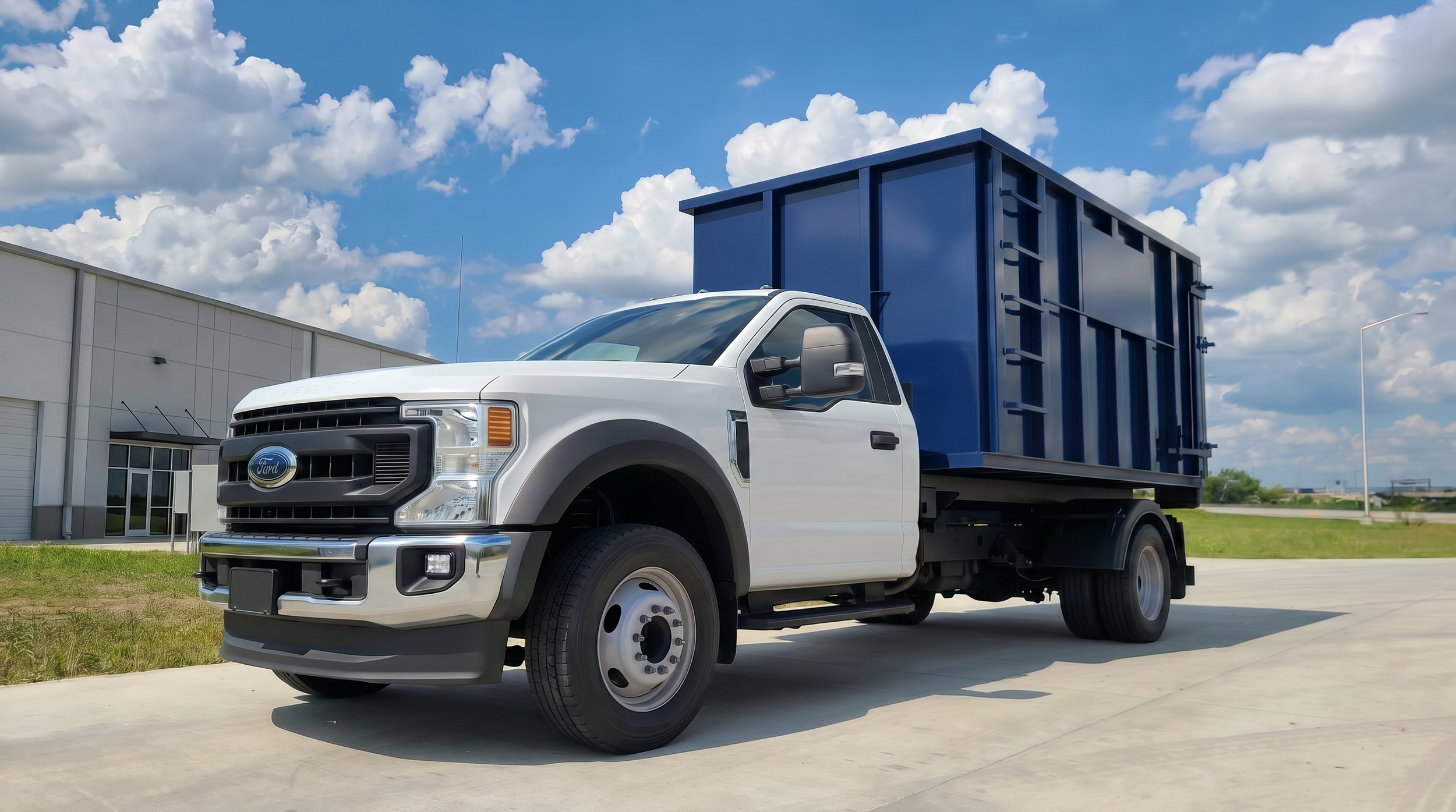 White truck with a blue container cargo area parked outside a commercial building under a partly cloudy sky.