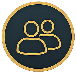 Icon of two gold outlined people on a dark circle background.