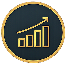 A circular clock with a black face, gold border, and gold graph showing upward growth with bars and an arrow.
