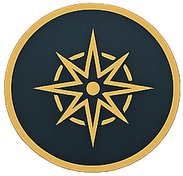 A stylized yellow compass rose on a dark background, bordered by a gold ring.