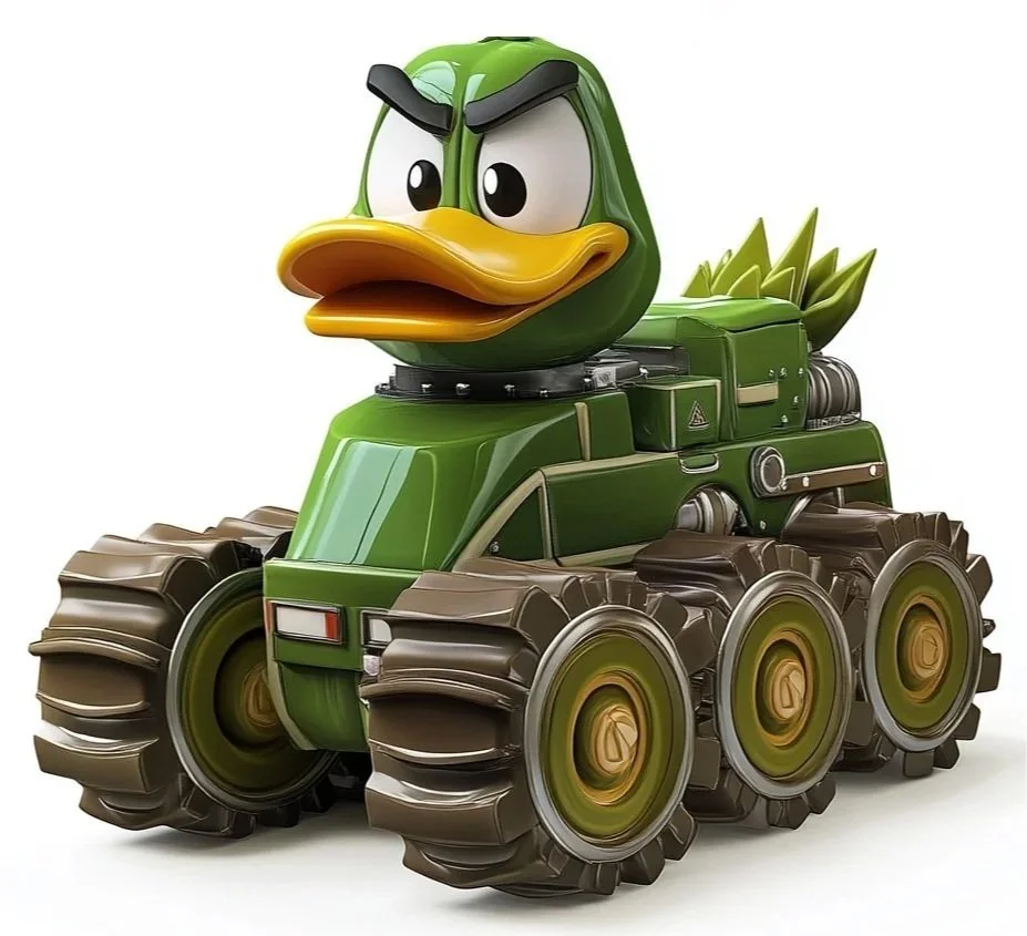 A cartoonish vehicle resembling a duck with a green body, yellow beak, and expressive eyes, fitted onto a tracked construction-like chassis.