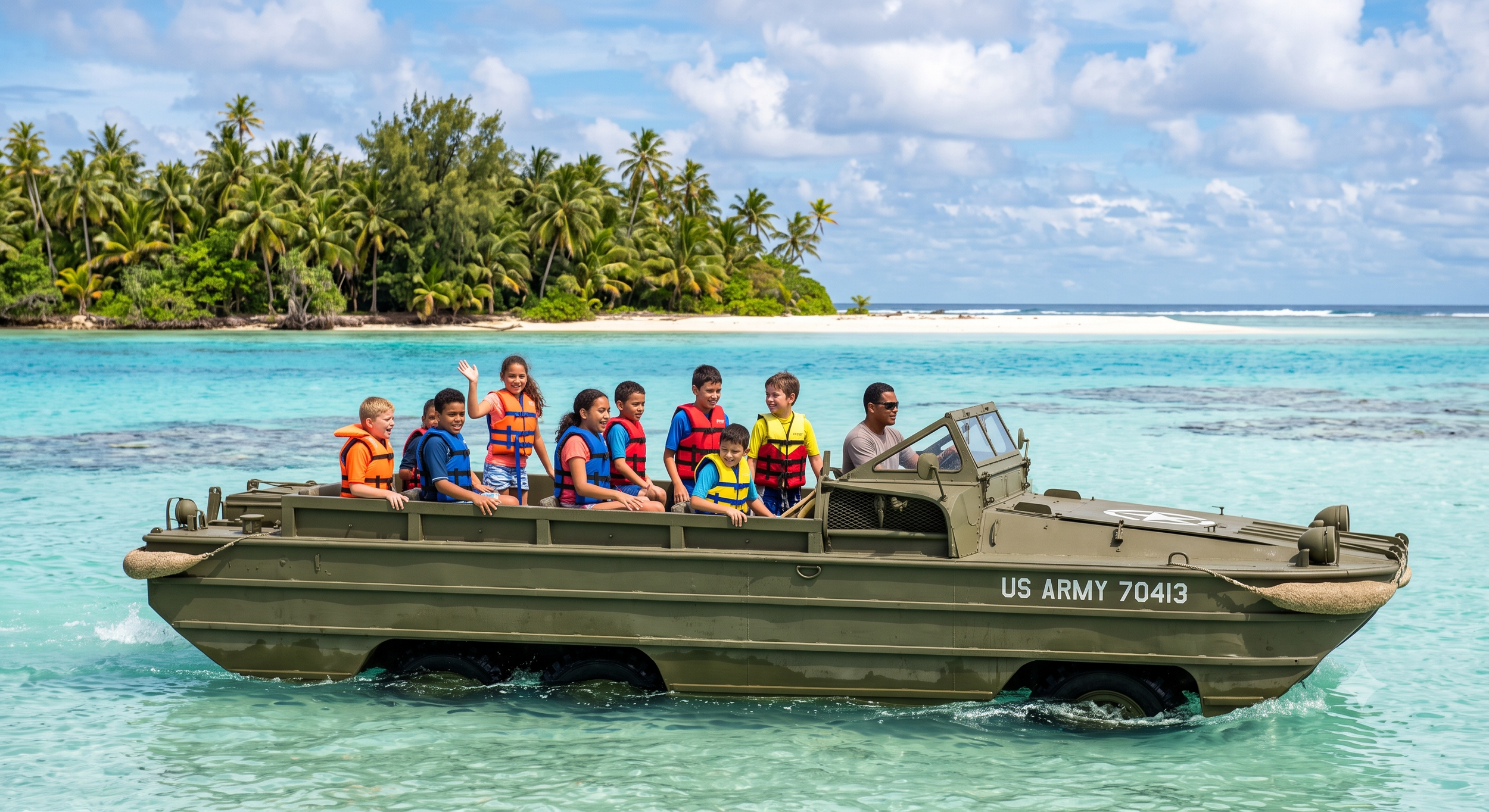 Children in life jackets riding in a military vehicle on the water near a tropical island with palm trees and clear blue sky.