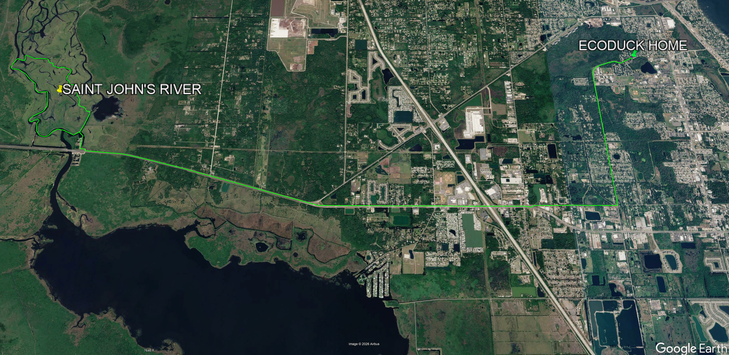 Satellite map showing a route from Saint John's River on the left to EcoDuck Home on the right, overlaid on a green landscape with some water bodies, roads, and urban areas.