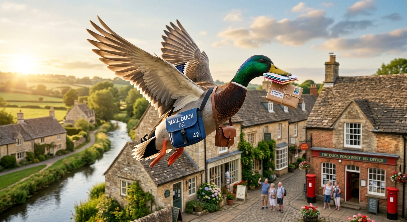 A digitally edited image of a flying duck in a village with a river, houses, and a post office, carrying mail in its beak and bag.