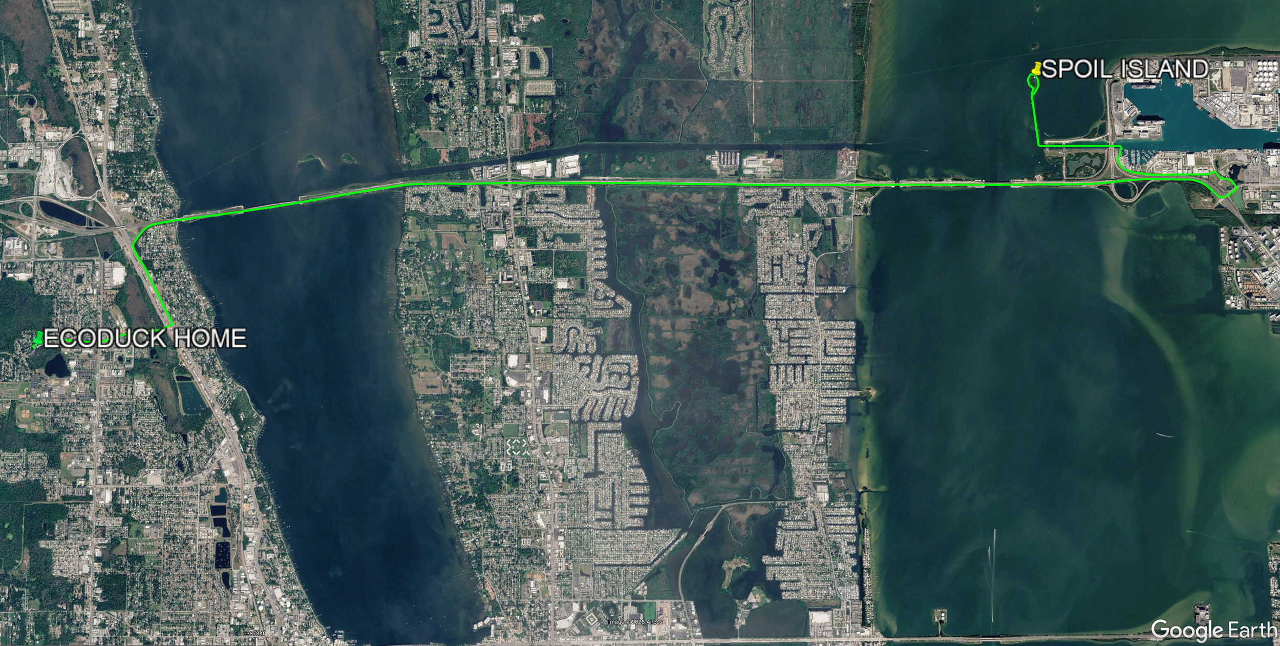 Satellite map showing a waterway connecting EcoDuck Home in the bottom left to Spoil Island in the top right, with a green route marked along the waterway.