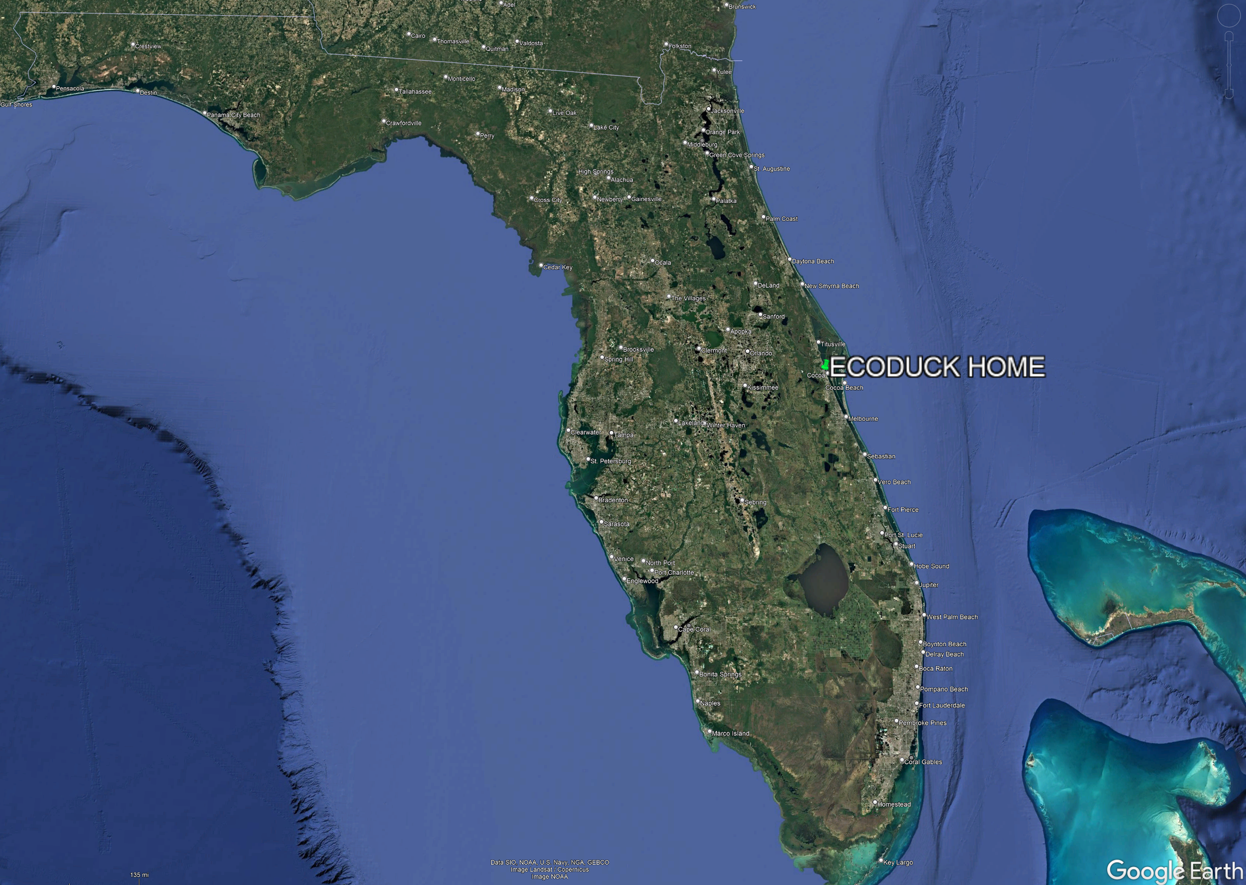 Map of the Florida peninsula showing cities, waterways, and coastal areas with a label pointing to a location called ECO DUCK HOME.