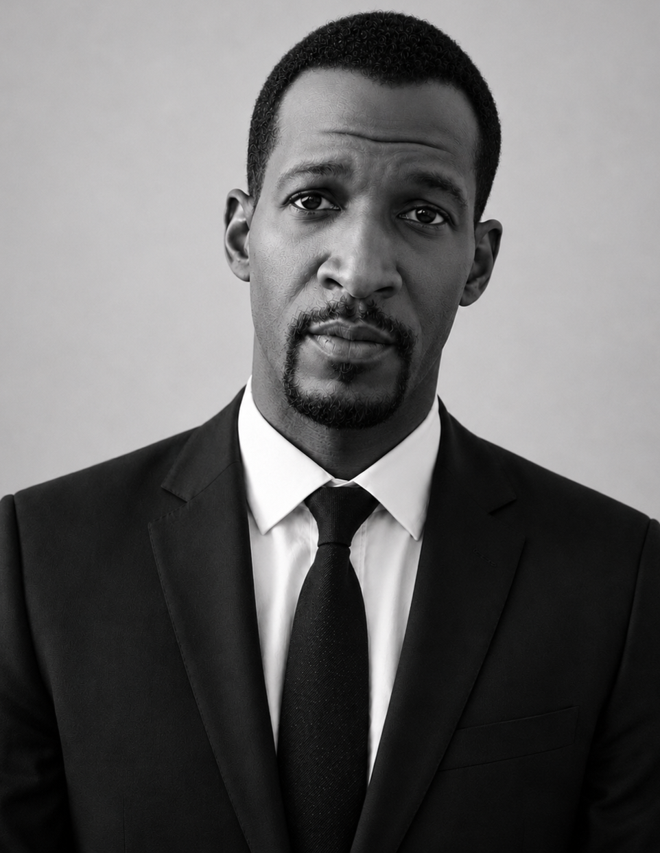 Black and white portrait of a man in a suit and tie with a serious expression.