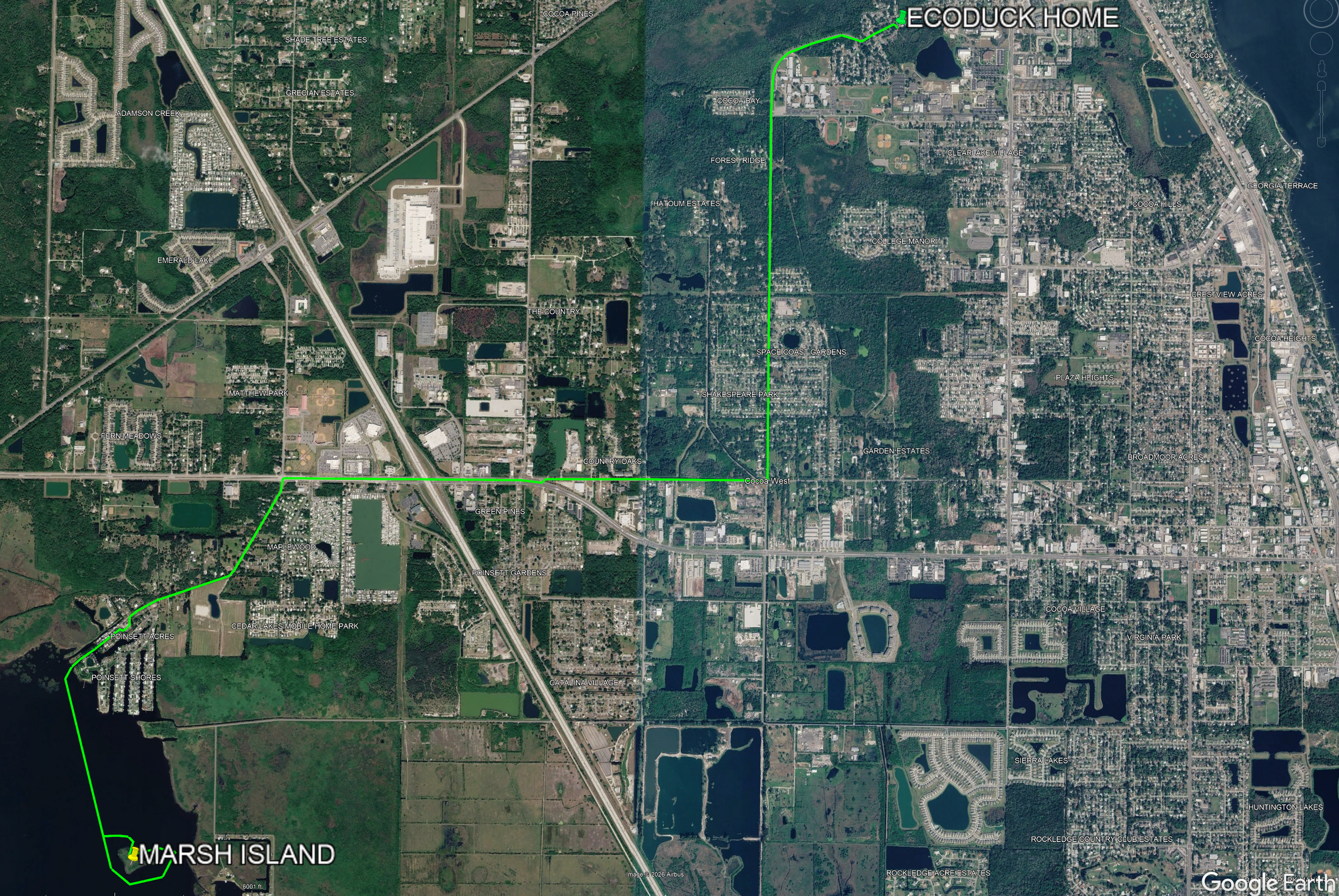 Satellite map showing a route from Marsh Island to EcoDuck Home, passing through McCarthy Park and other areas with lakes, residential neighborhoods, and green spaces.
