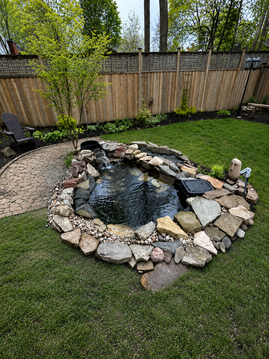 Backyard garden features a small pond with rocks, a water feature, and a brick walkway, surrounded by grass, plants, and a wooden fence.