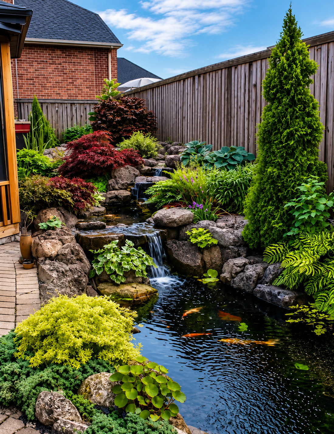 A backyard garden with a small pond, rocks, a waterfall, various green plants, colorful foliage, and koi fish, enclosed by a wooden fence and neighboring houses with blue skies overhead.