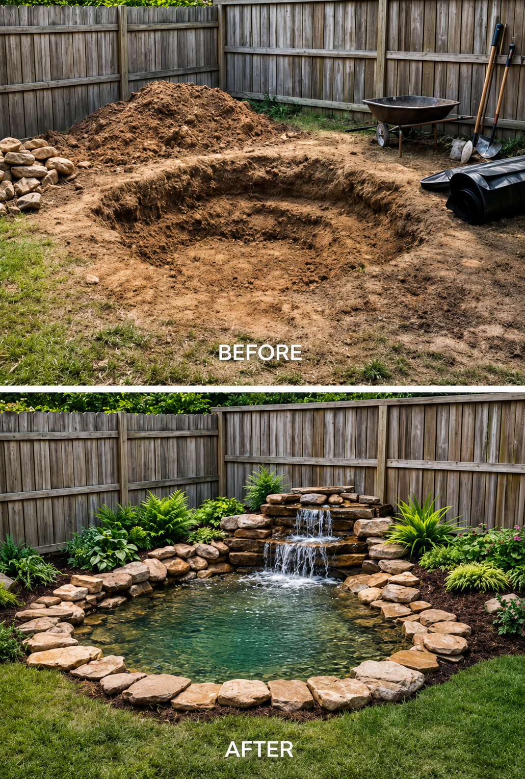 A backyard transformation showing a large hole in the ground in the 'Before' photo and a landscaped pond with rocks, plants, and a small waterfall in the 'After' photo.