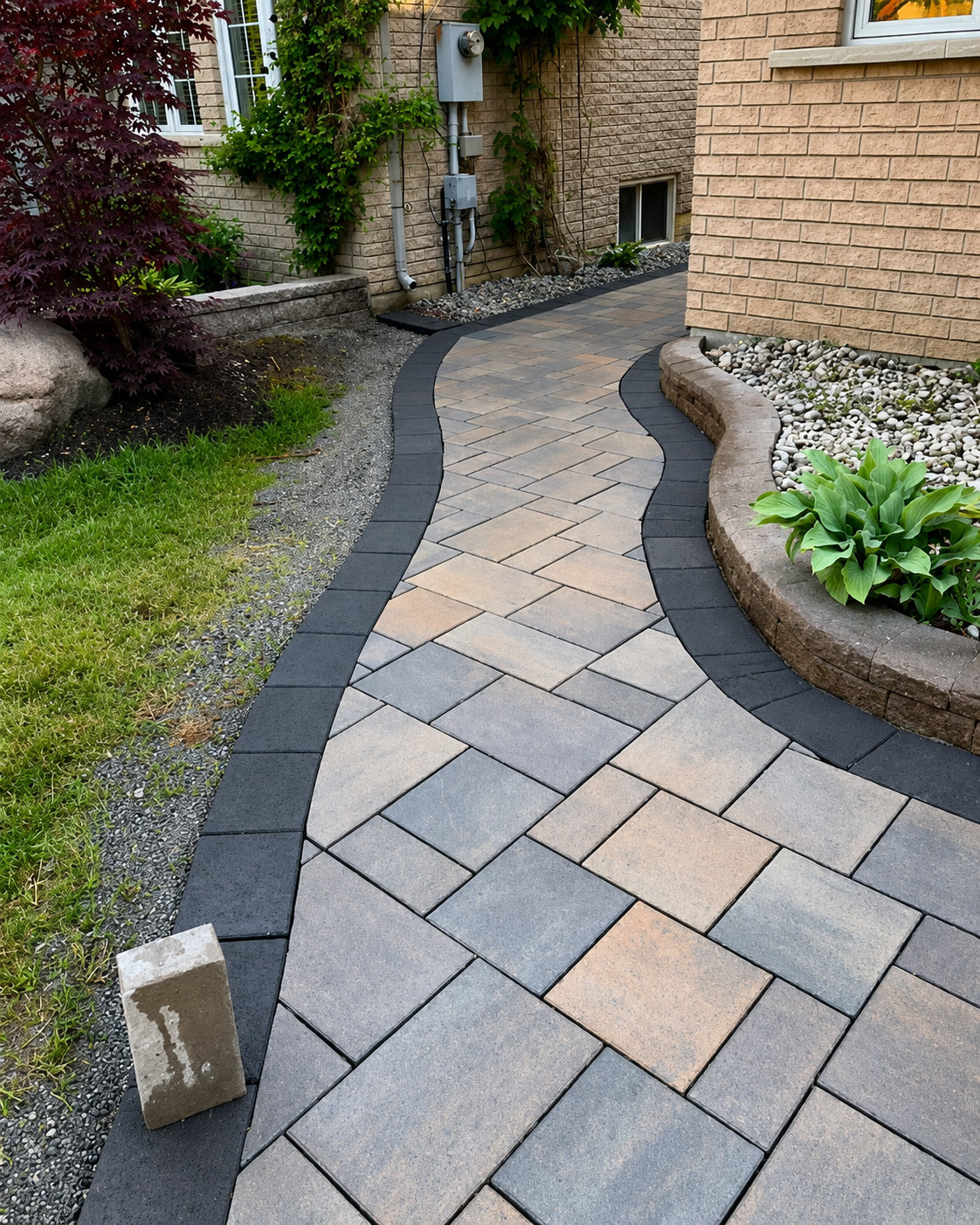 Curved brick sidewalk with black border, flanked by garden beds with plants and rocks, near a brick house with electrical meter and window.