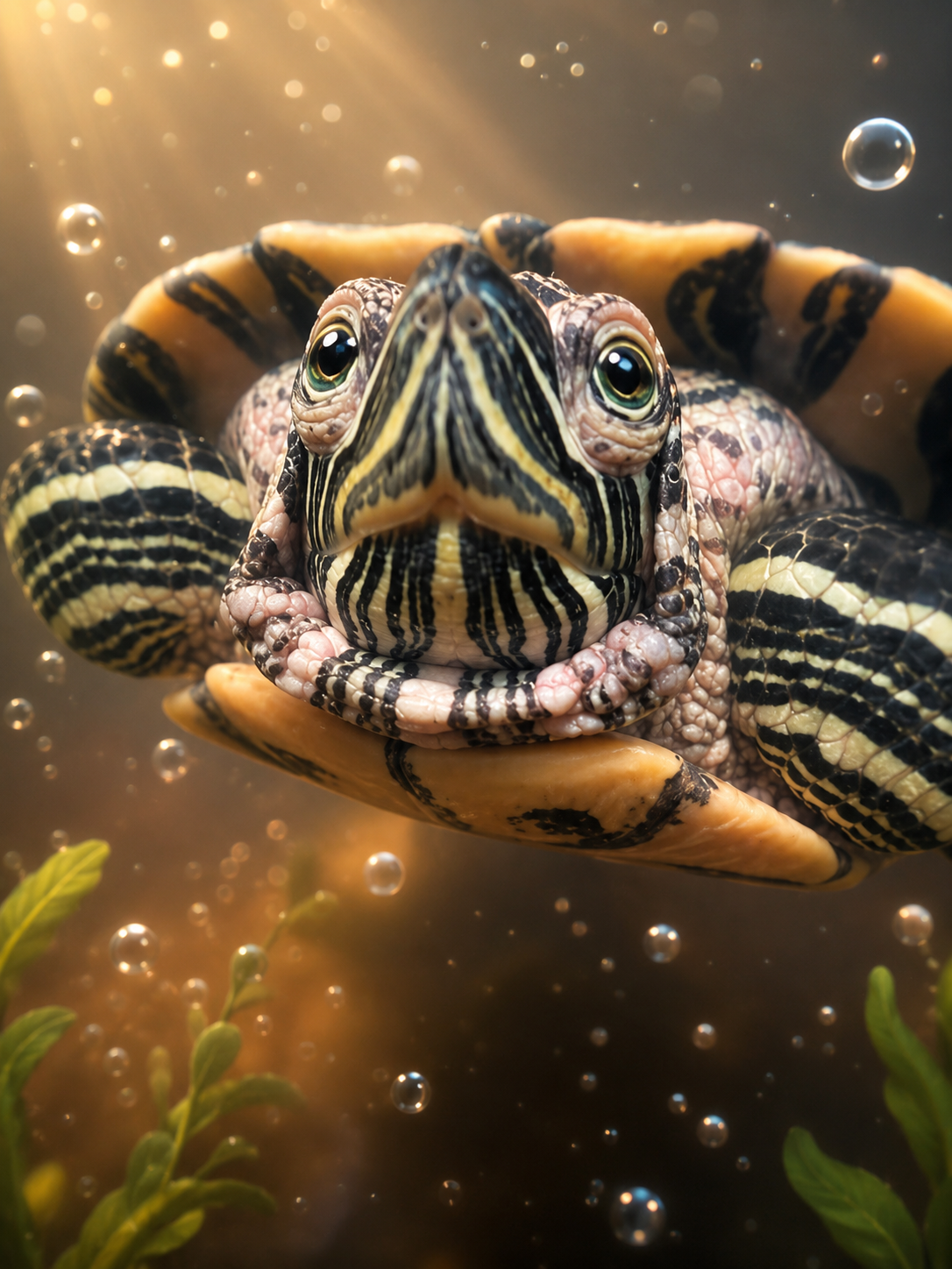 Close-up of a turtle underwater with a patterned shell and head, surrounded by bubbles and aquatic plants.