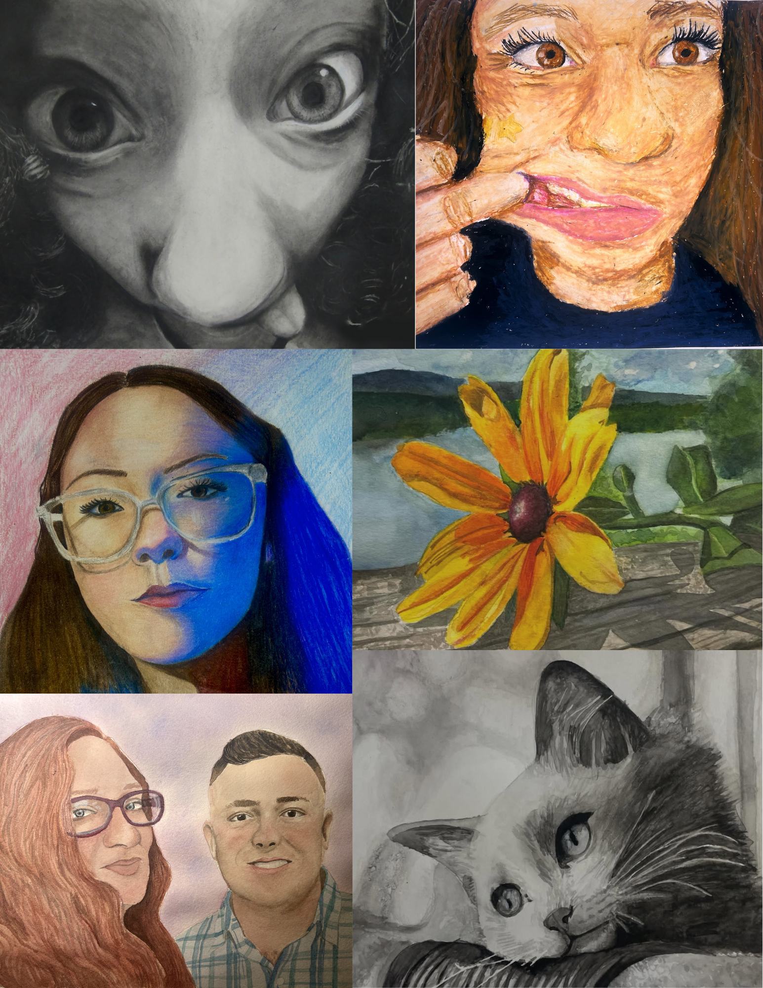 A collage of various artworks including a black and white close-up of a child's face with large eyes, a colorful portrait of a woman with brown hair and a star sticker on her cheek, a drawing of a girl with glasses and long brown hair, a painting of a flower with orange petals, and a close-up of a tabby cat with striking eyes.