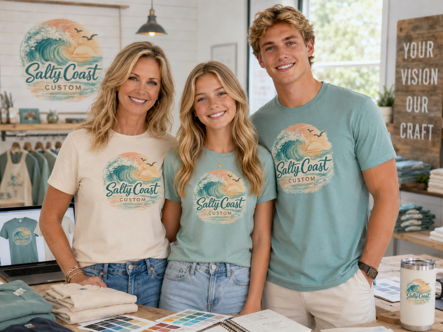 Three people, two women and one young man, standing inside a clothing store, wearing matching t-shirts with a beach-themed logo that reads 'Salty Coast Custom,' smiling at the camera.