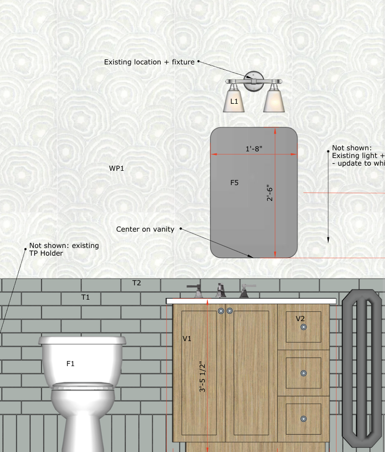 A detailed bathroom design plan showing a toilet labeled F1, a vanity with drawers labeled V1 and V2, a wall-mounted light fixture labeled L1, a towel radiator, and notes on placement and dimensions.