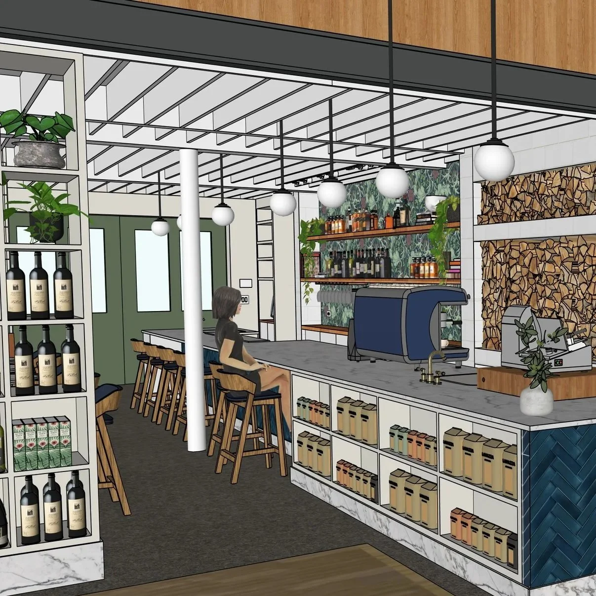 Interior of a coffee shop with baristas, shelves of bottled drinks, and wooden accents.