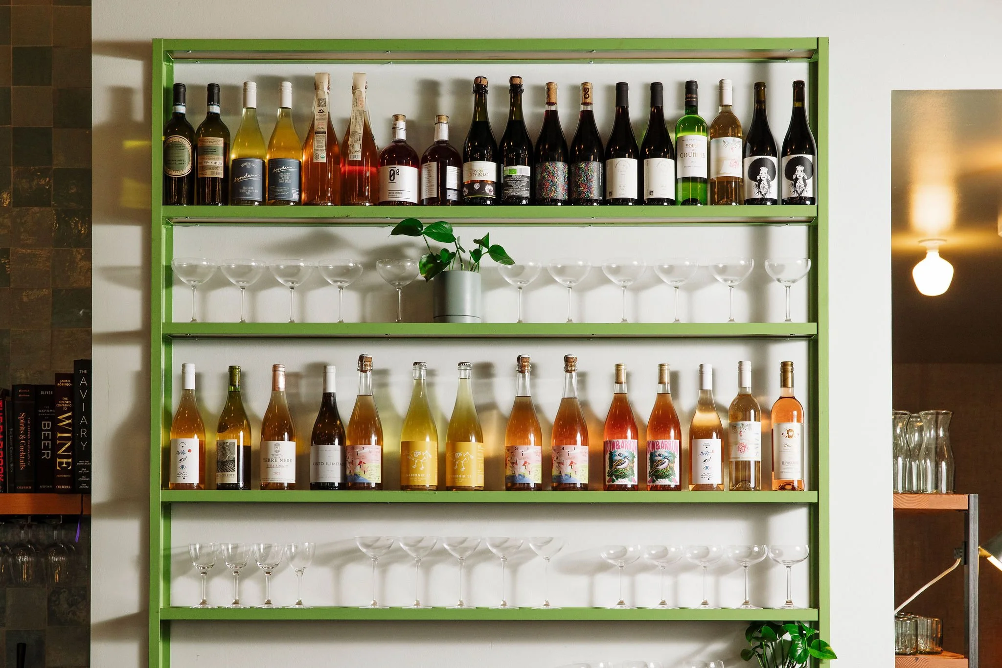 Green shelving unit with rows of wine bottles and empty wine glasses on a shelf below, with a potted plant in the middle.