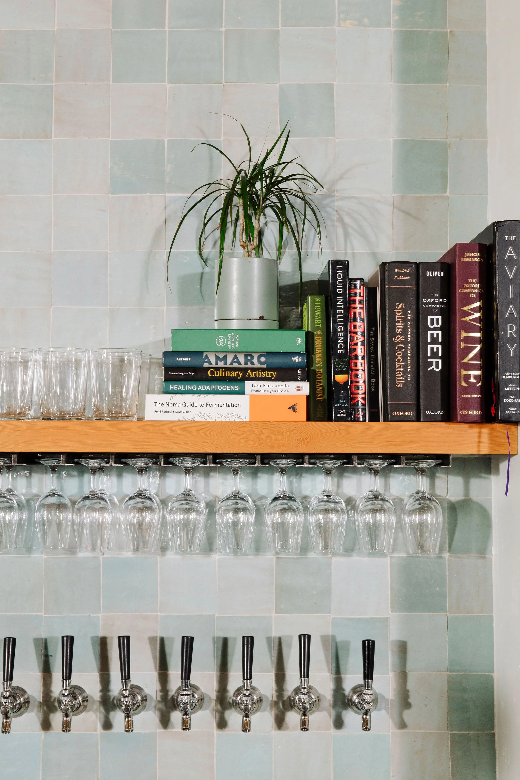 A wall with ceramic tiles, a potted plant, a collection of books on a shelf, a row of empty glass cups, and several beer taps.