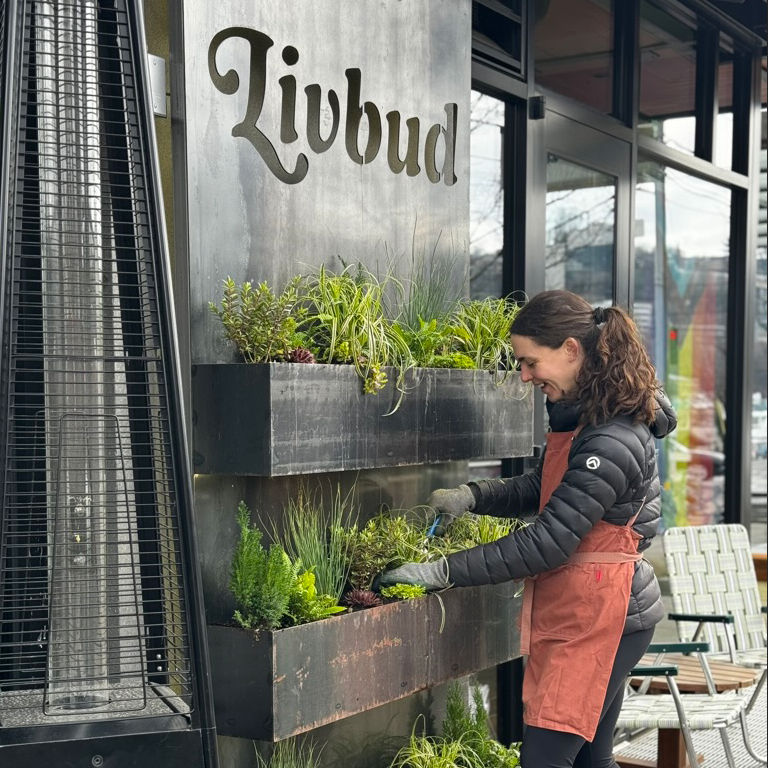 A woman plants herbs and greenery in vertical garden planters outside a building with a sign that reads 'Livbud'.