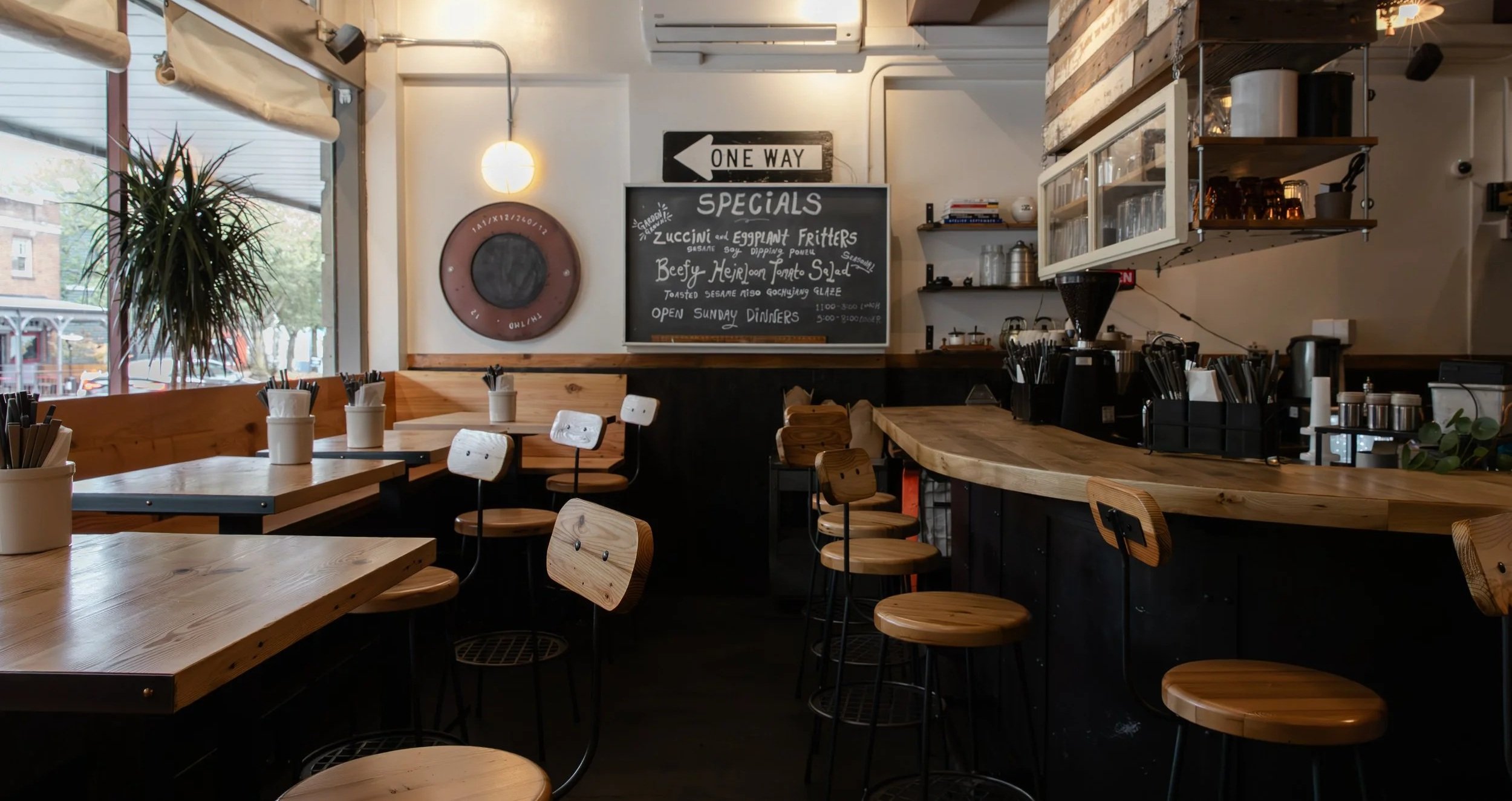 Interior of a cozy restaurant or café with wooden tables, chairs, and a chalkboard menu listing specials like zucchini and eggplant fritters, beefy heirloom tomato salad, and toasted sesame miso glazing. There are large windows letting in natural light, and decor includes hanging lights, potted plants, and shelves with glasses and kitchen items.