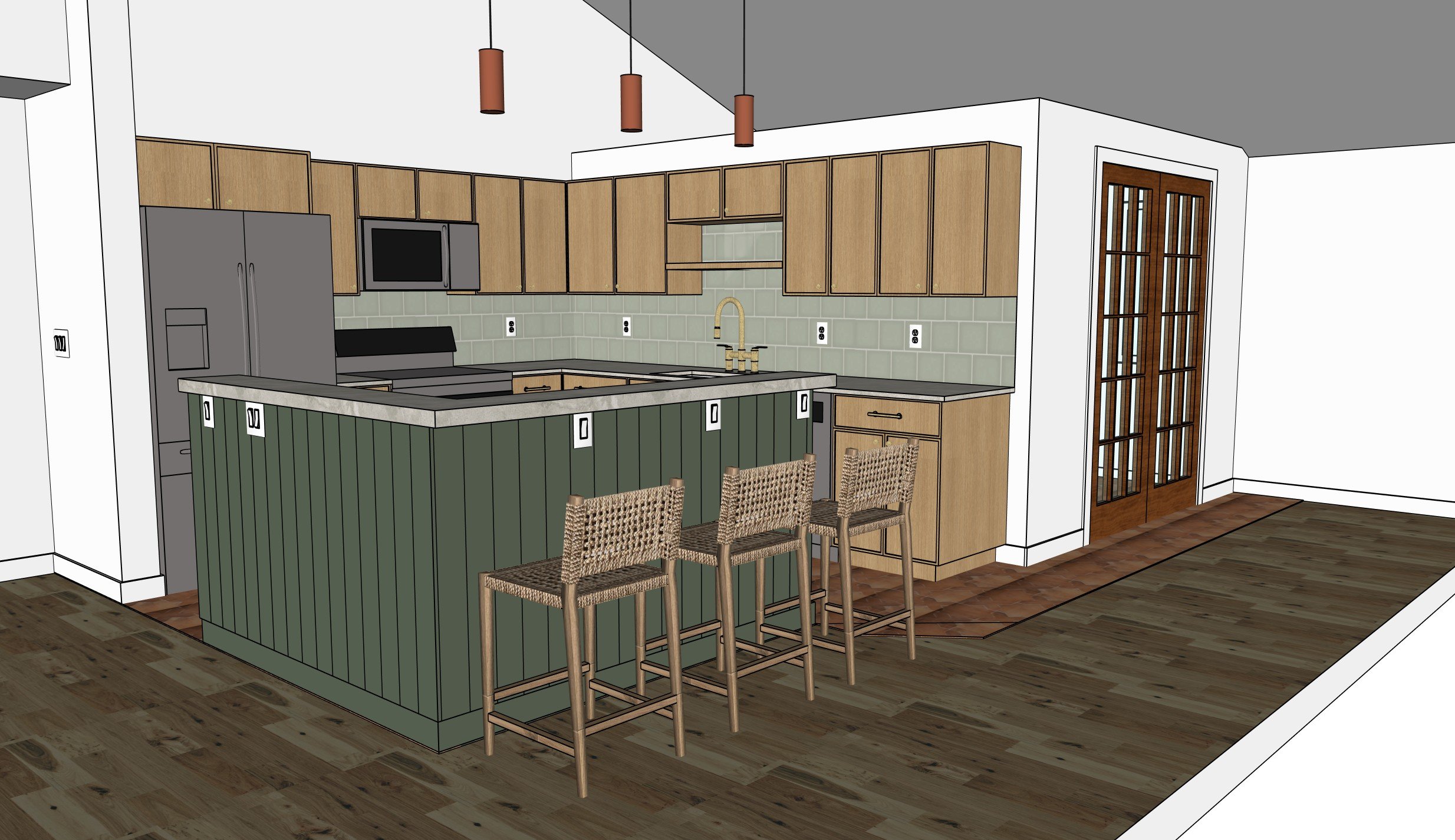 A kitchen with wooden upper cabinets and a green kitchen island with a marble countertop. There are three woven chairs at the island, a refrigerator, microwave, and a tiled backsplash. A door with glass panels is visible on the right side.
