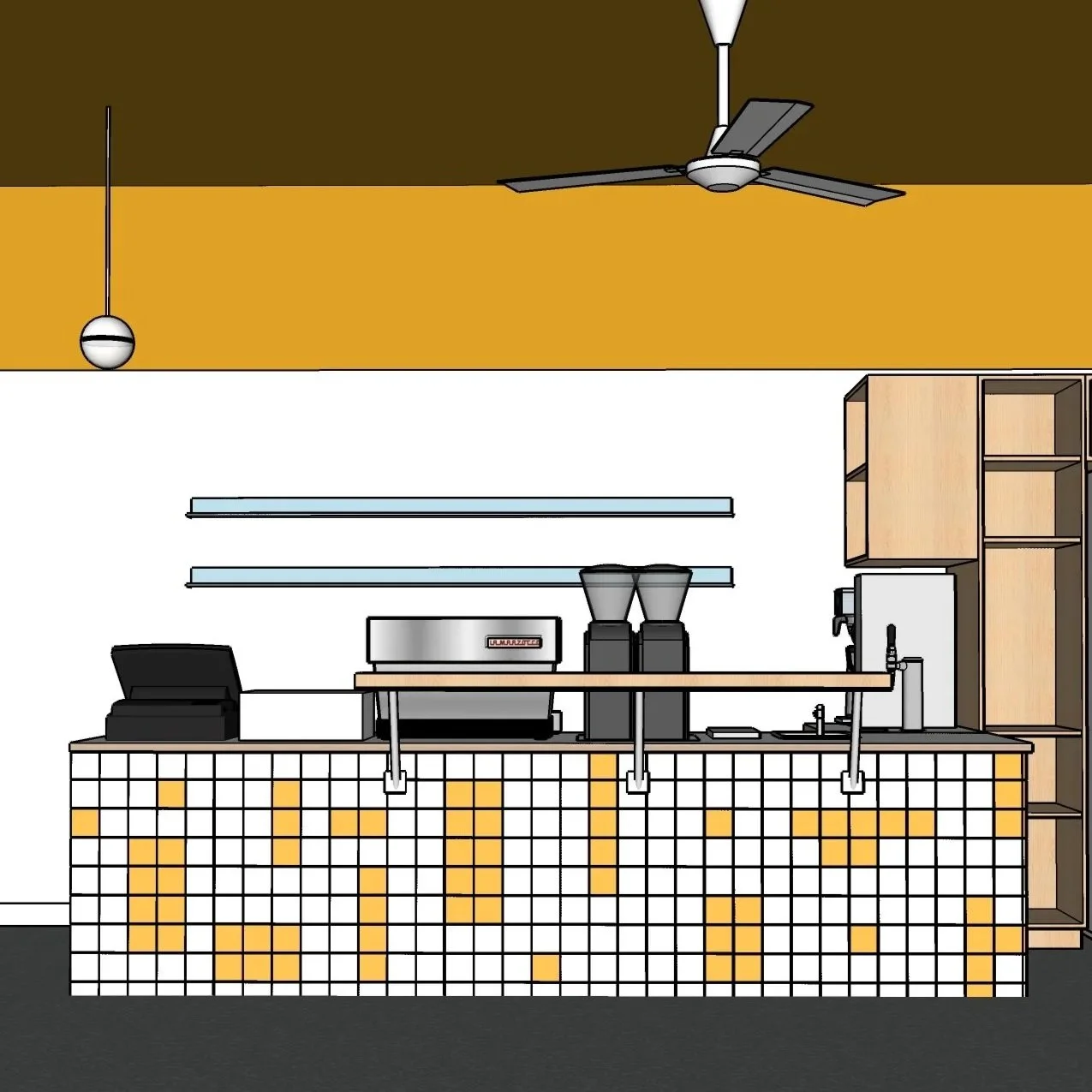 A modern coffee shop counter with a mosaic tile front, two coffee bean grinders, a cash register, and a coffee machine, with open shelves and a light wood cabinet behind.