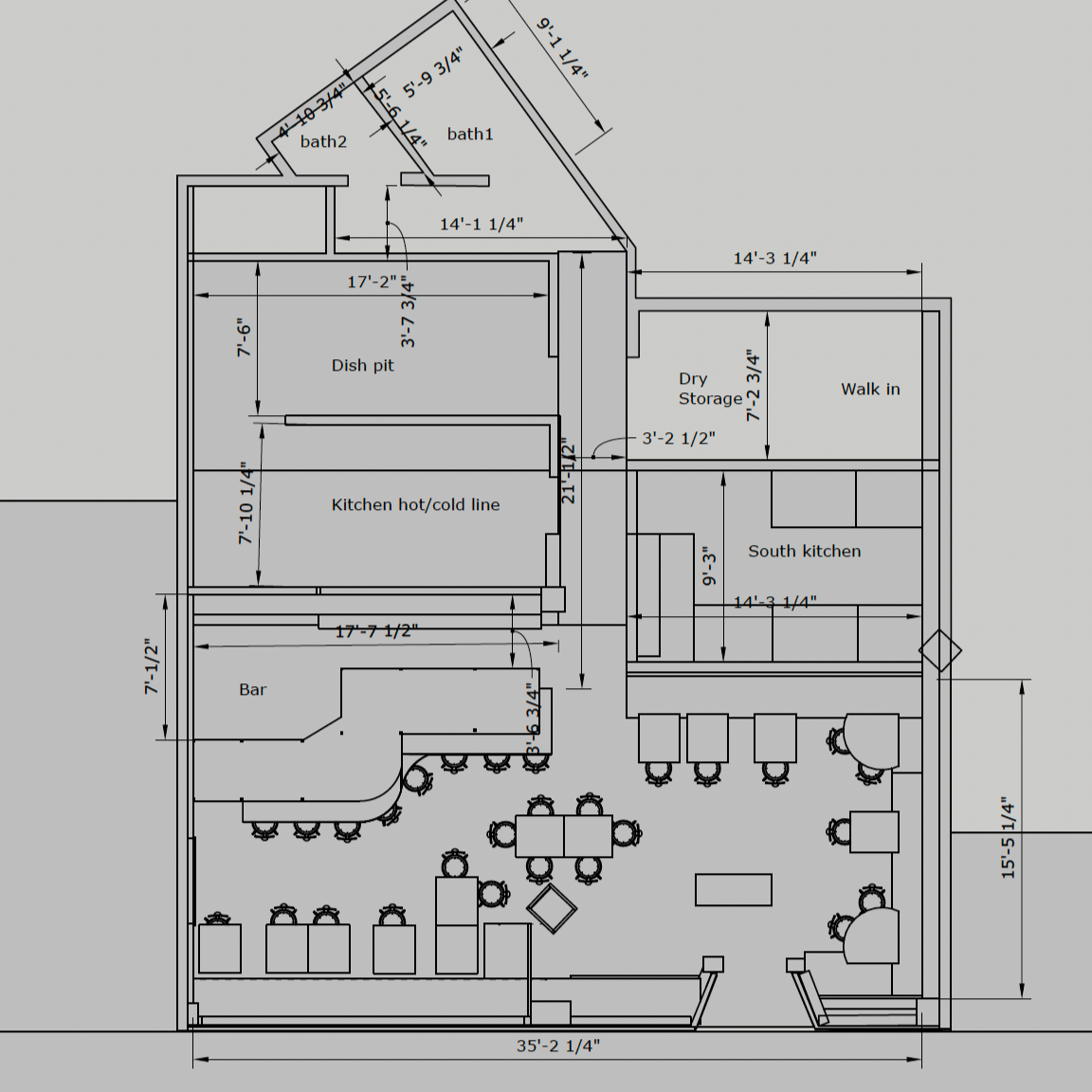 A detailed architectural floor plan of a bar and kitchen area, showing dimensions, rooms, furniture, and fixtures.