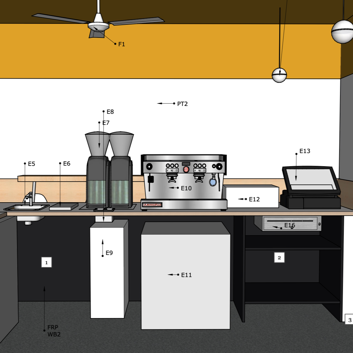 Illustration of a professional coffee station with labeled equipment and appliances, including a coffee machine, grinders, sink, cash register, and storage cabinets.