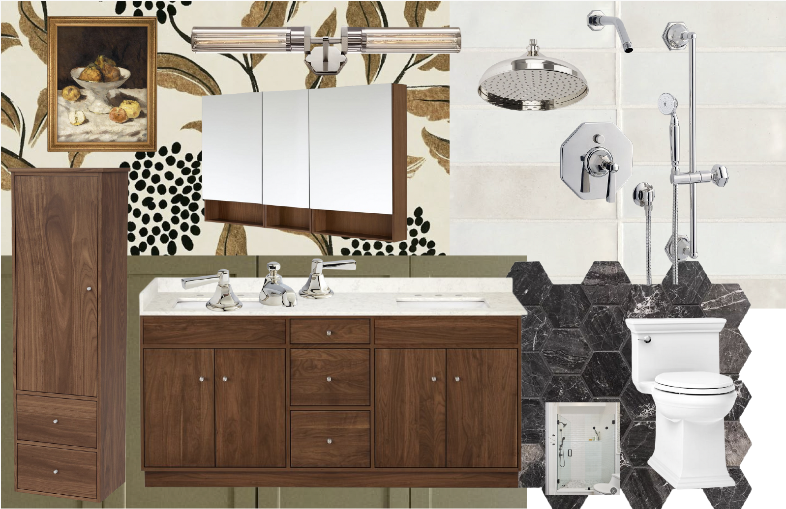 A collage of a bathroom scene with a wooden cabinet, mirrored cabinet, sink with faucet, bathtub with shower fixtures, toilet, framed still life painting, floral wallpaper background, and textured walls with black marble accents.