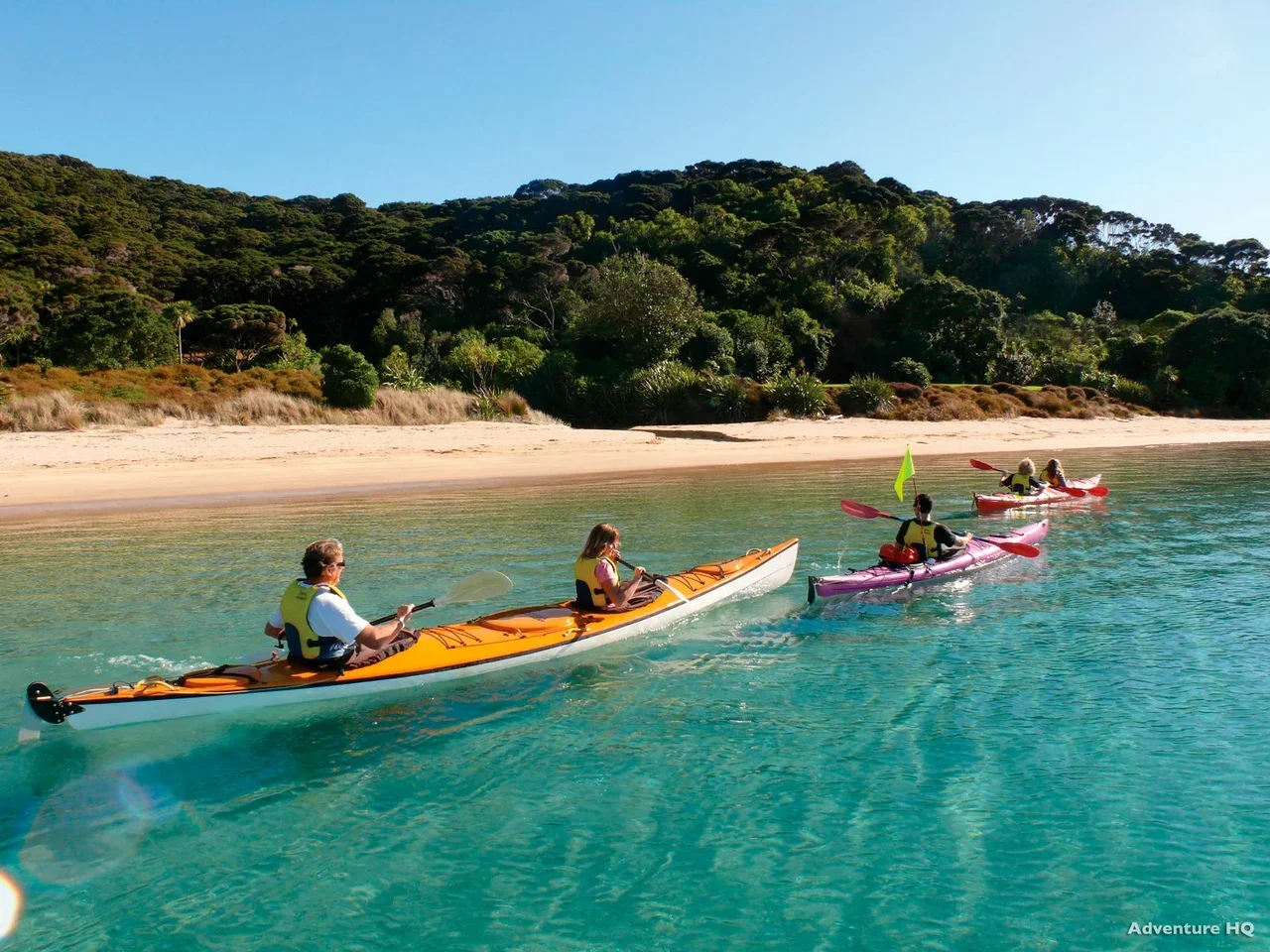 Four people kayaking on clear water near a sandy beach with a green, forested hill in the background.