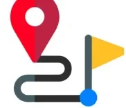 A stylized map with a red location pin, a winding black path, and a yellow flag on a blue circle.