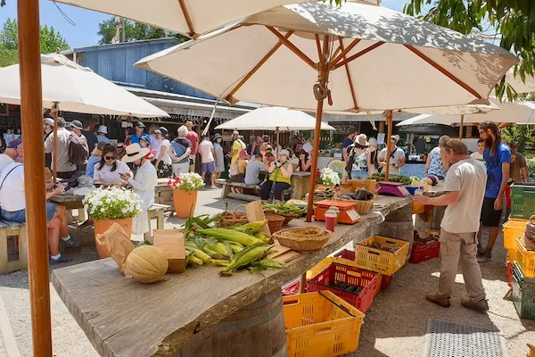 Outdoor farmers market with vendors selling fresh produce under umbrellas, surrounded by shoppers.