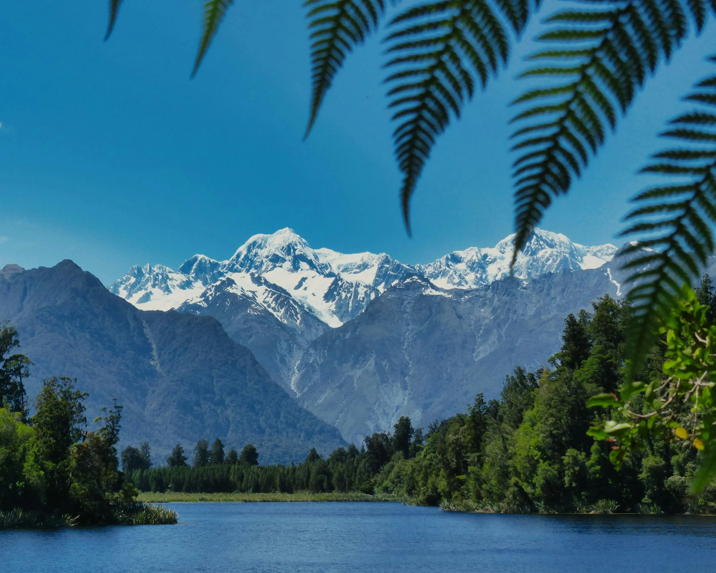 Snow-capped mountain range with a river in the foreground and green trees on the riverbank.