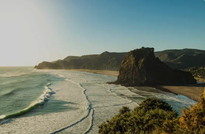 Coastal scene with ocean waves, a rocky cliff, and green vegetation at sunset or sunrise.