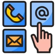 Icons of a telephone, email, at symbol, and an email envelope with a pointing hand.