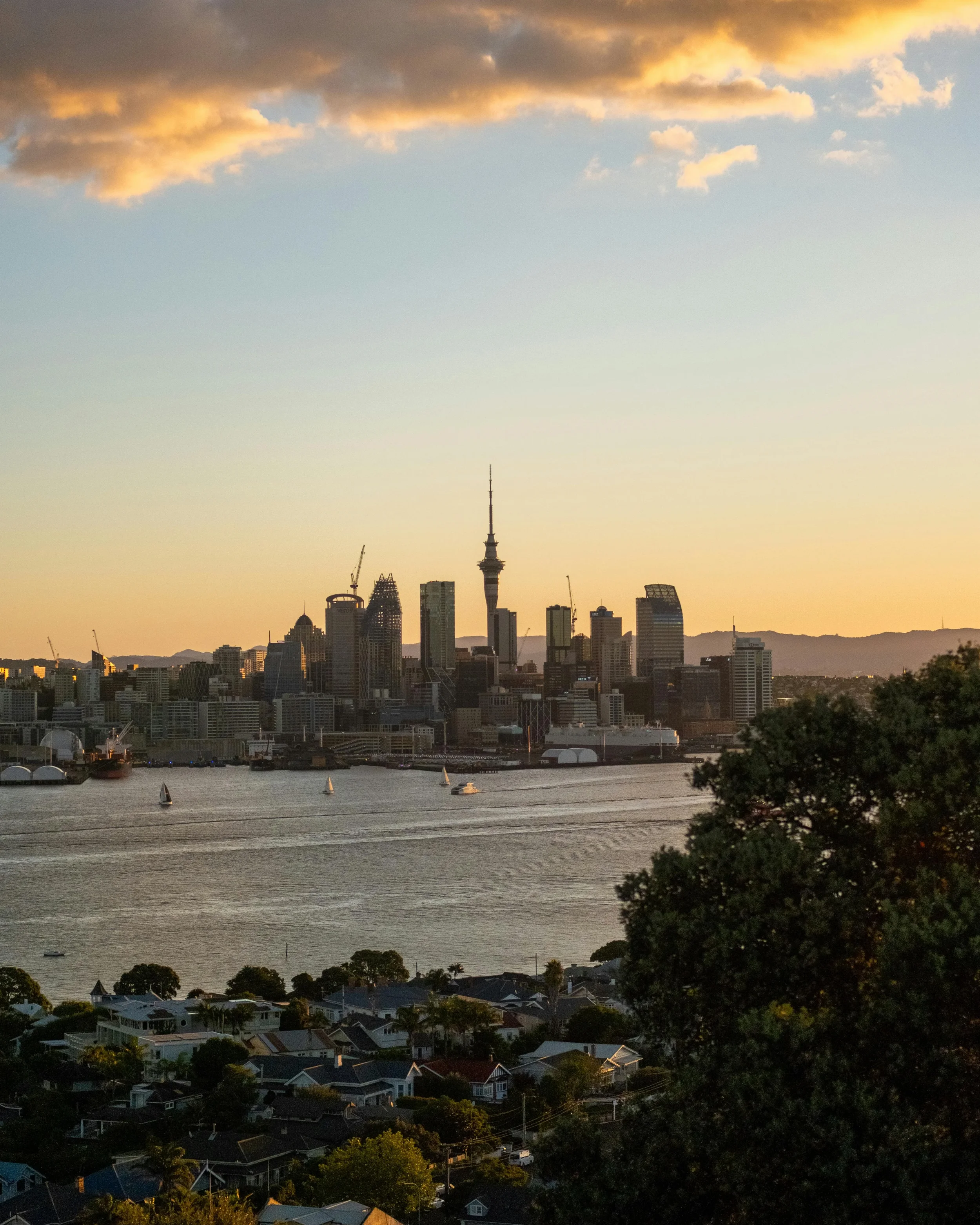 A city skyline during sunset with a tall tower and high-rise buildings, boats on a river in the foreground, and residential houses with trees in the lower part of the image.