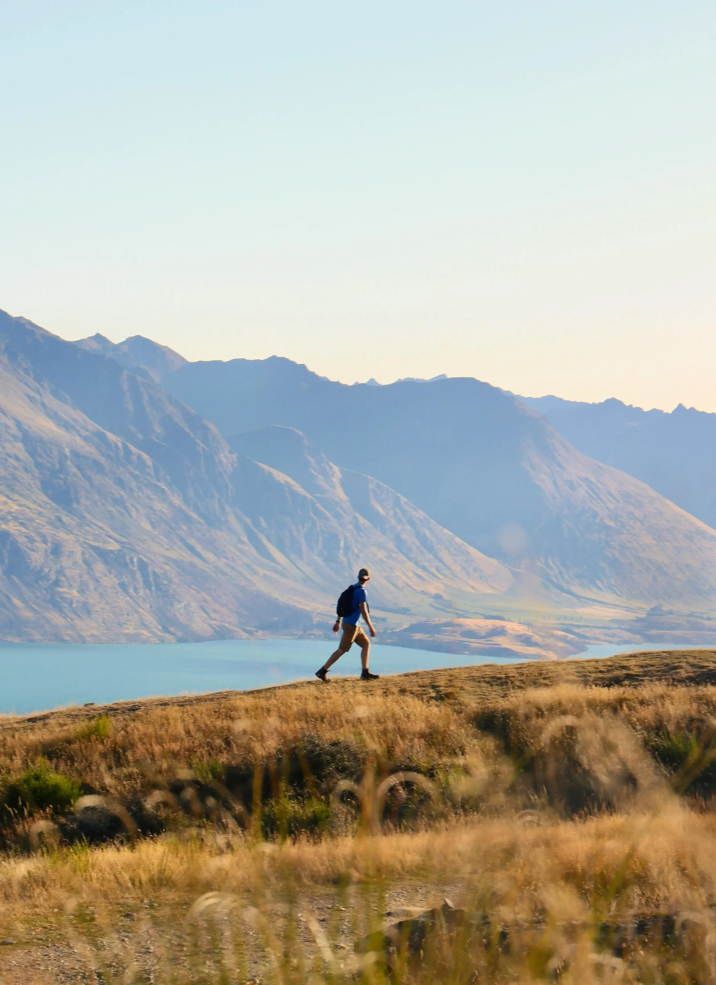 A person hiking along a grassy trail near a lake with mountains in the background under clear sky during daytime.