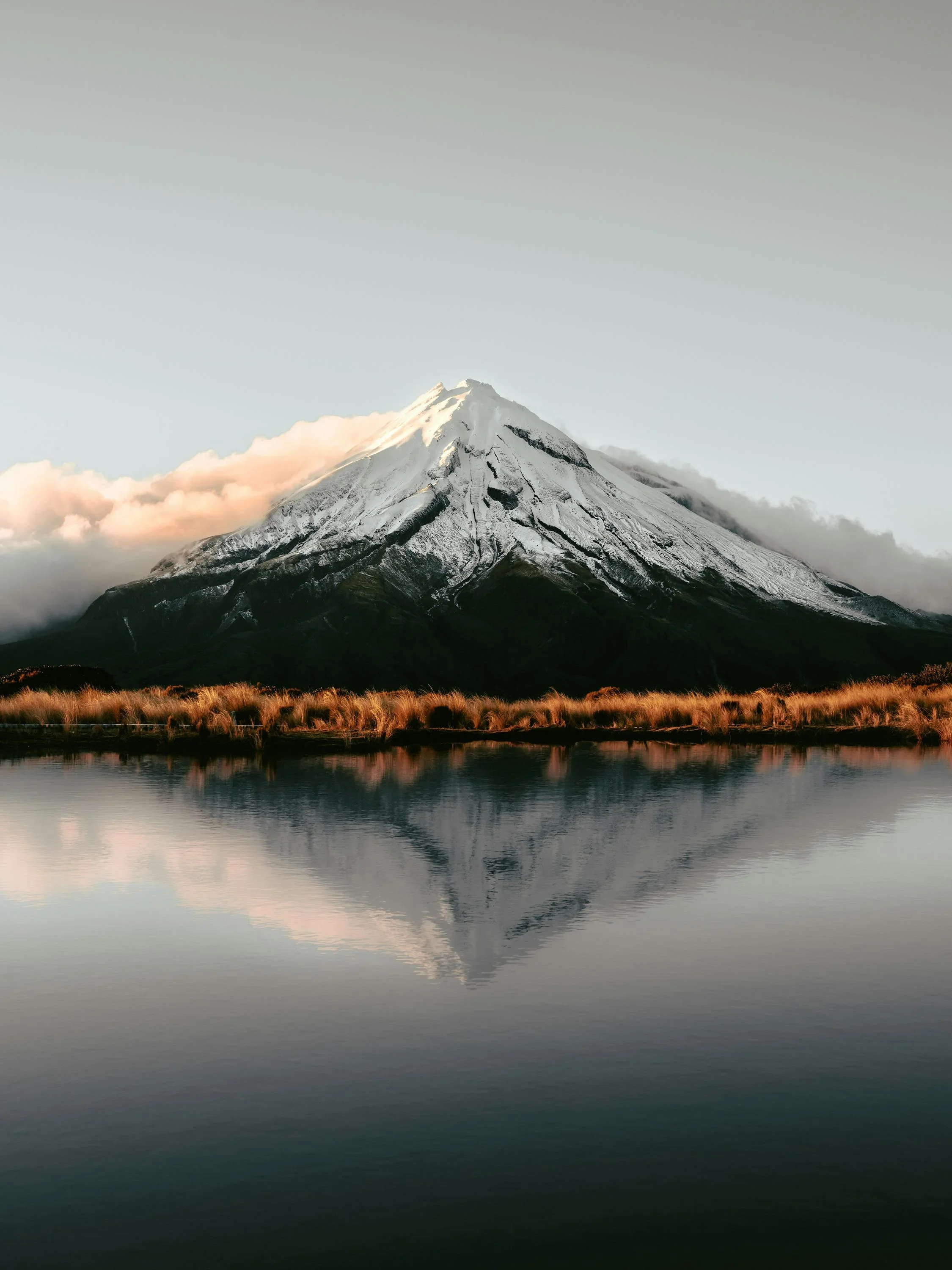 Snow-capped mountain reflected in a calm lake with a grassy foreground.