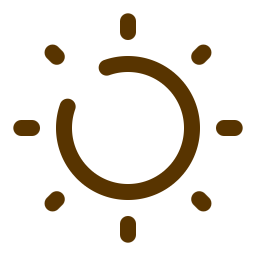 A simple brown icon of a sun with rays.