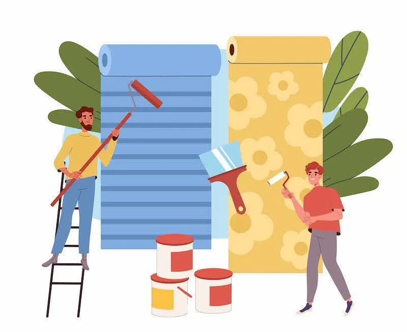 Two people painting large wallpaper rolls, one on a ladder with a roller brush and the other holding a smaller roller brush, surrounded by paint cans and green leafy plants.