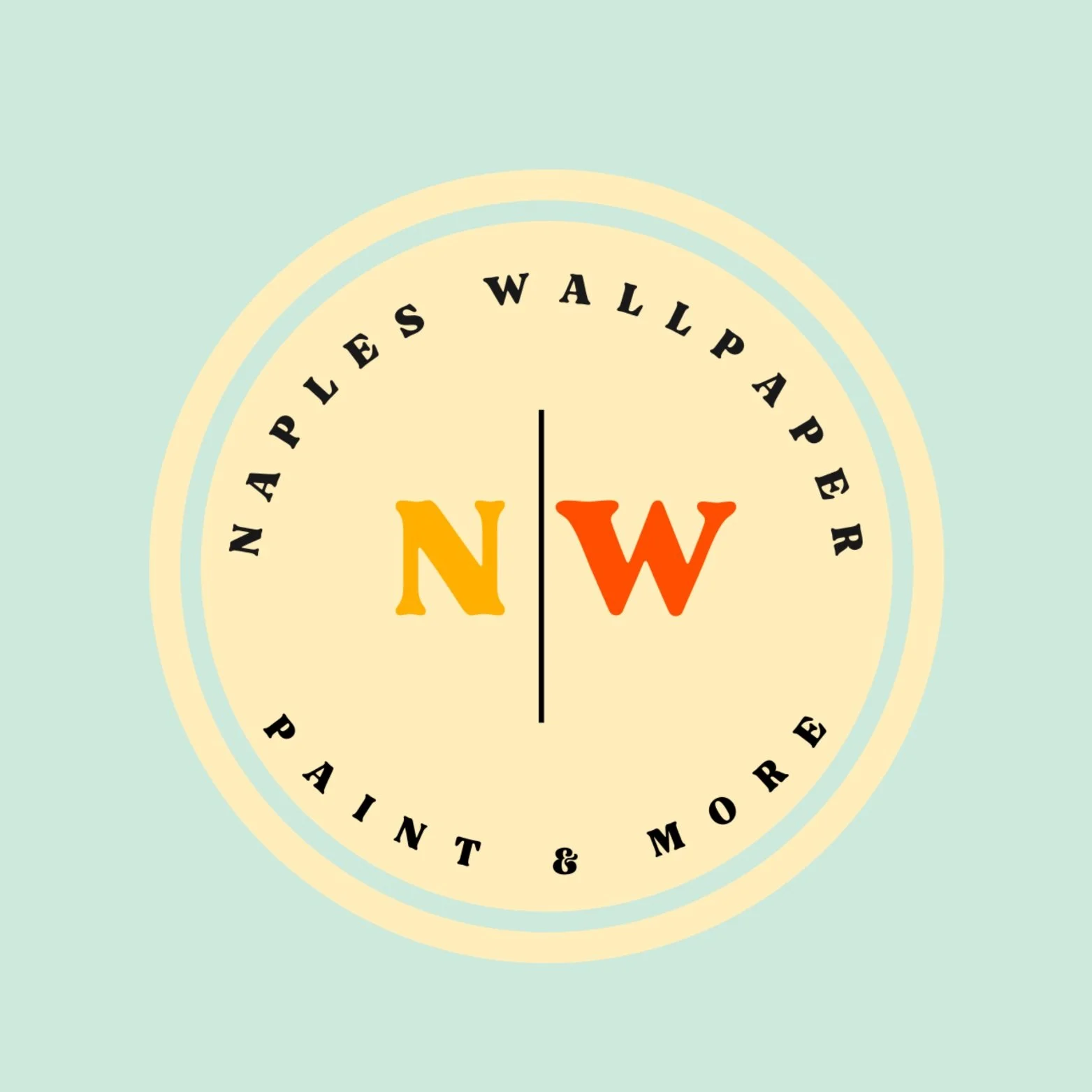 Circular logo with a pastel yellow background, black text around the edge reading 'Naples Wallpaper Paint & More,' and large orange and red letters 'N' and 'W' in the center separated by a vertical black line.