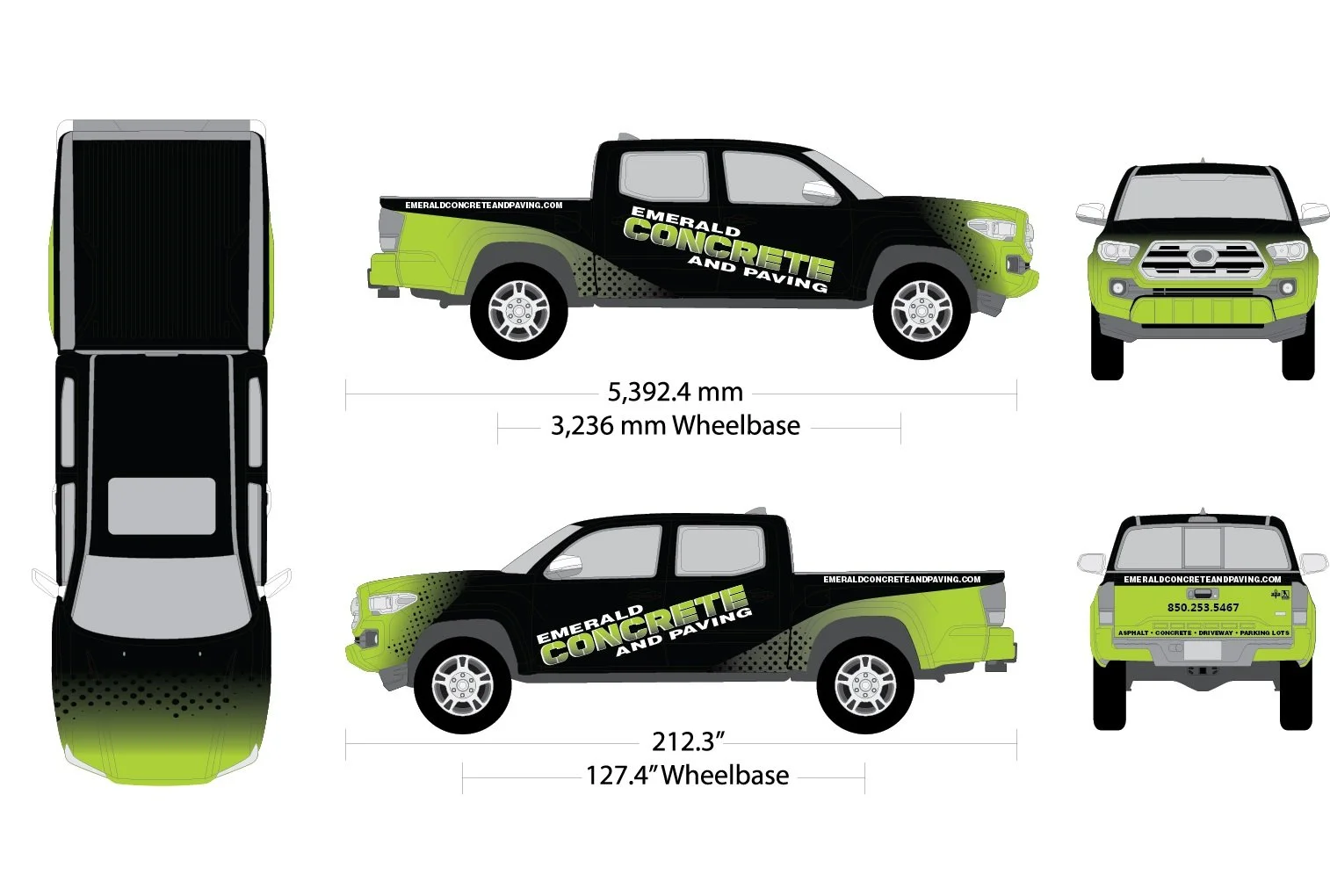 Design blueprint of a pickup truck with dimensions, showing side, front, rear, and top views, advertising 'Emerald Concrete and Paving' with green and black color scheme.