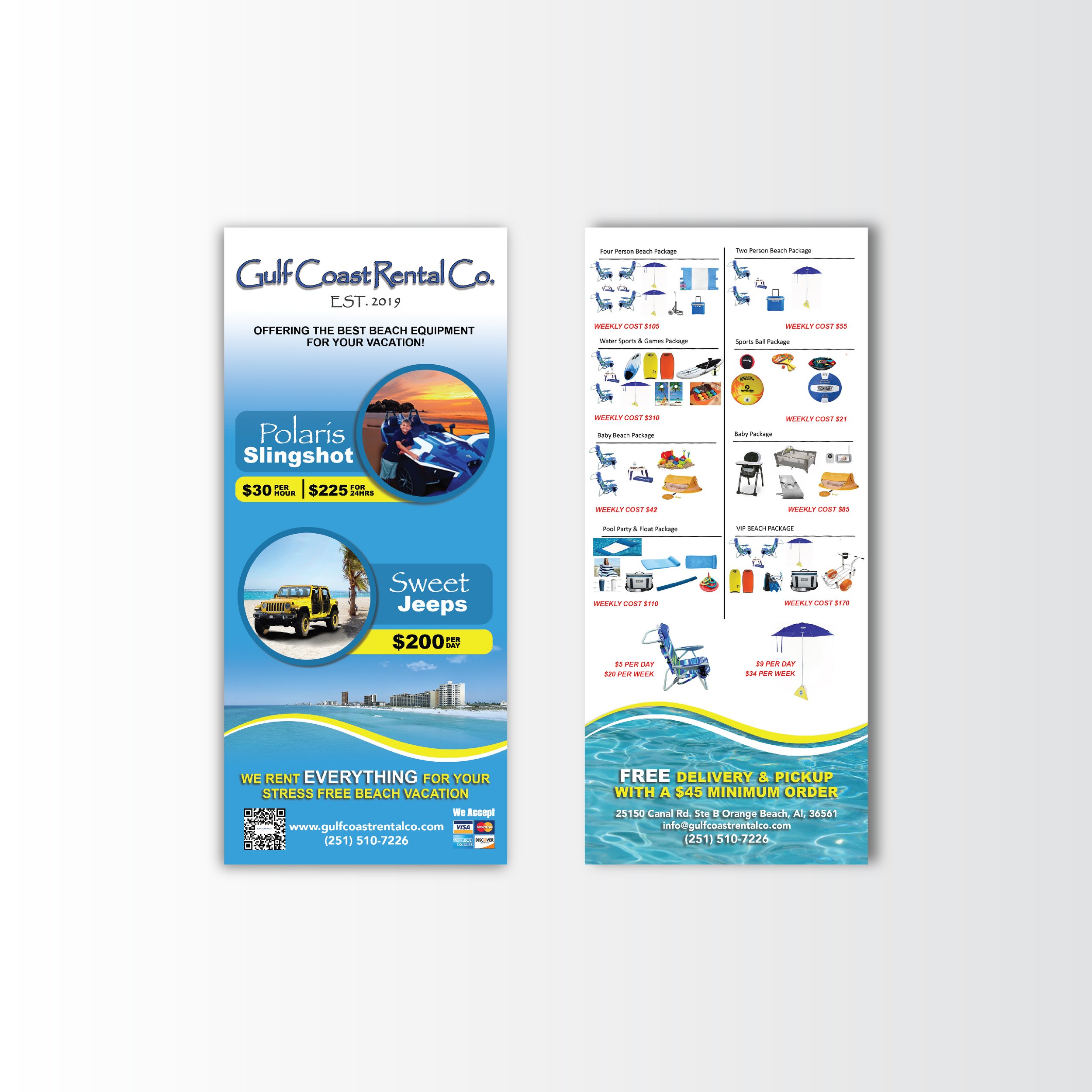 Promotional flyers for Gulf Coast Rental Co., advertising beach equipment rental services with images of beach chairs, umbrellas, water sports gear, and packages with weekly and daily rental prices, located at 25150 Canal Rd., Ste B Orange Beach, AL,
