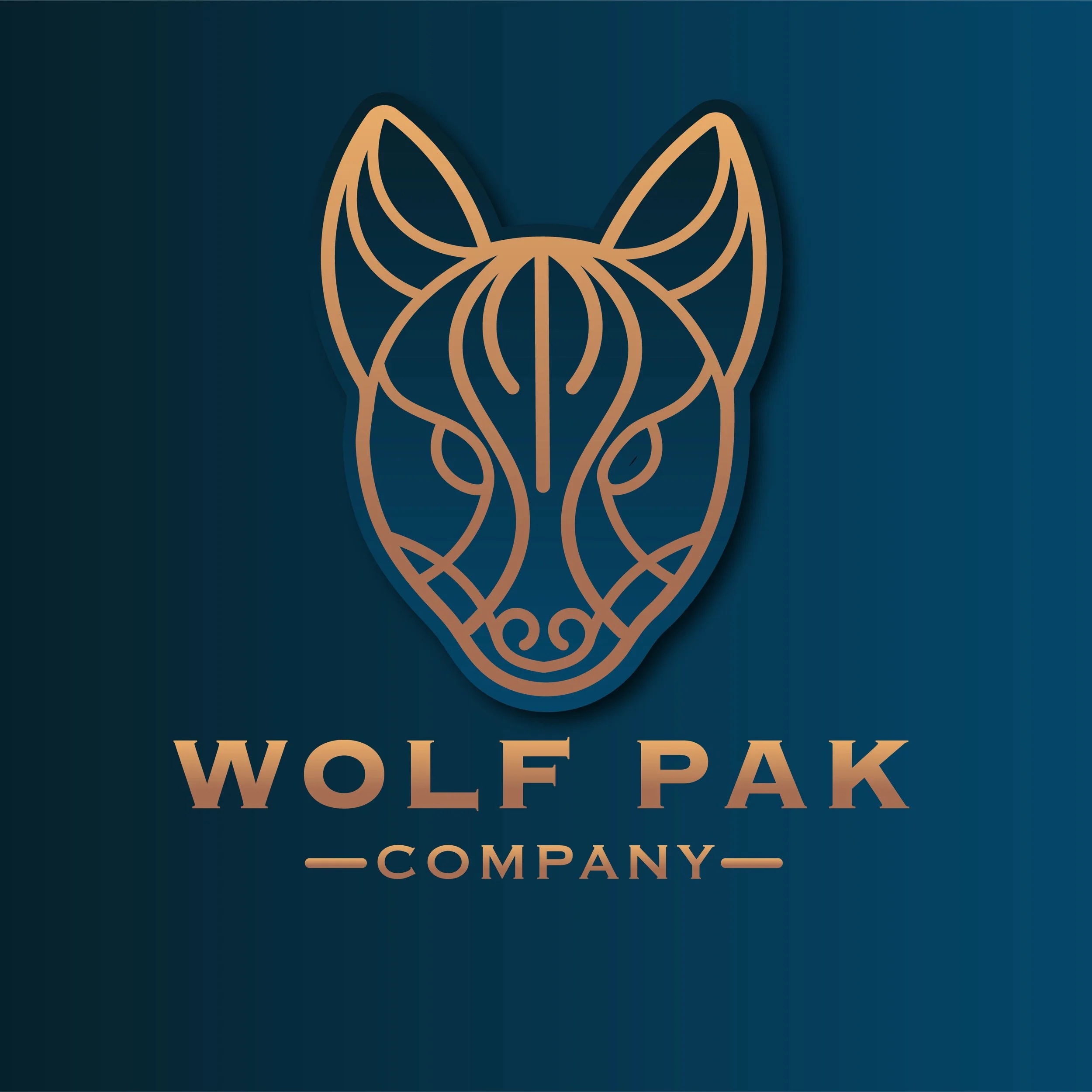 Stylized wolf head with geometric design in orange on a dark teal background, with the words 'Wolfpack Company' underneath.