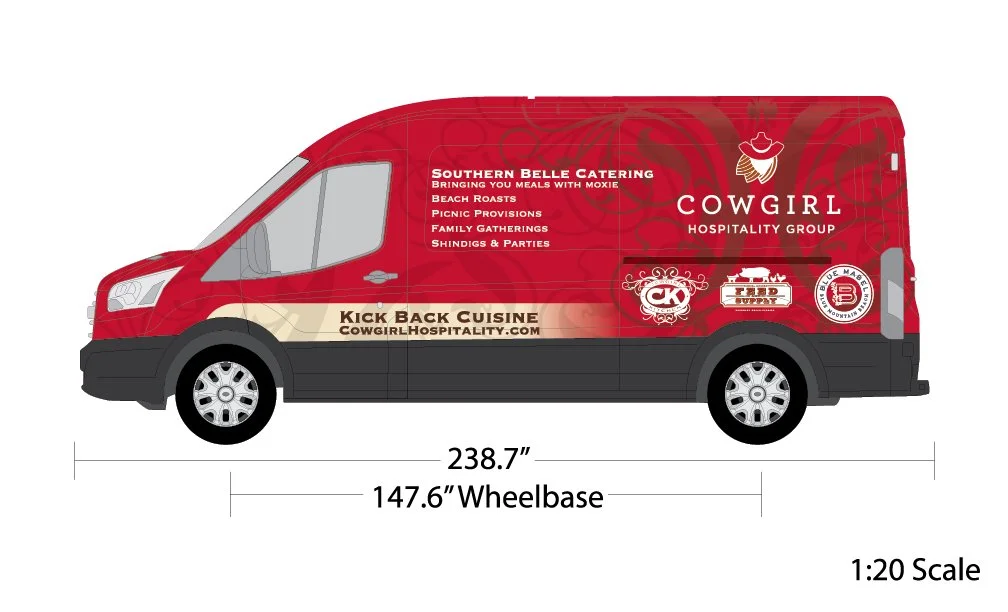 Design of a catering van with red, beige, and black color scheme, featuring text and logos for Cowgirl Hospitality Group and related services, along with size measurements of the vehicle.
