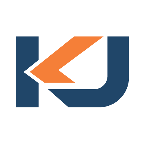 A logo with a stylized letter 'K' in black and an orange arrow pointing to the left, combined with a partial blue 'J' shape.