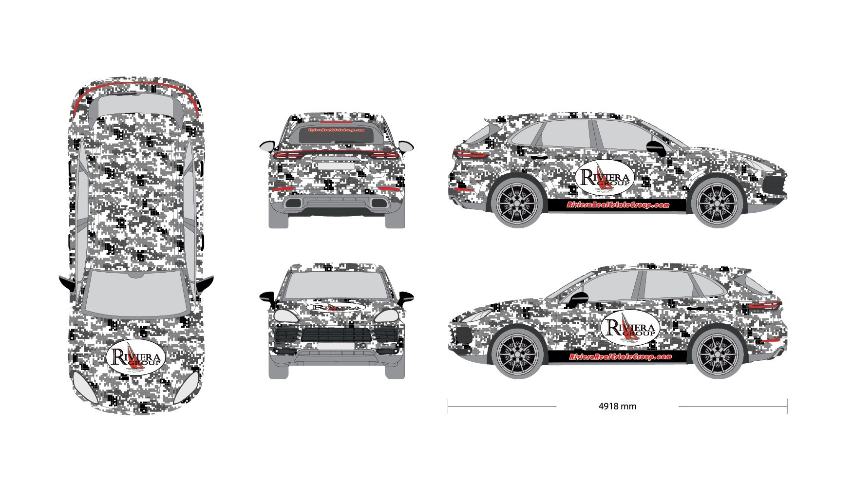 Design blueprints for a camouflaged sports car featuring the logo of Riviera Group on the side and hood, with the website RivieraRealEstateGroup.com also displayed.